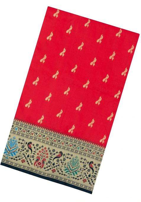 Red Handloom Paithani Silk Saree With Meena Border Pallu With Buttas And Brocade Design For Women
