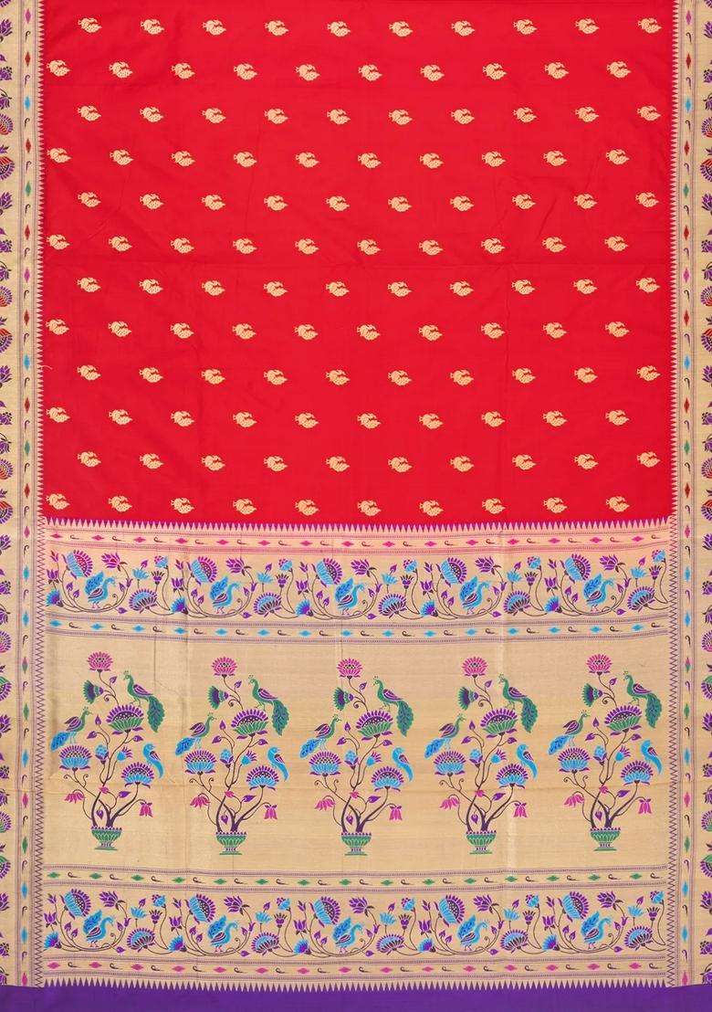 Red Handloom Paithani Silk Saree With Meena Border Pallu With Buttas And Brocade Design For Women - Indya
