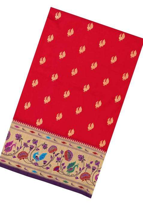 Red Handloom Paithani Silk Saree With Meena Border Pallu With Buttas And Brocade Design For Women