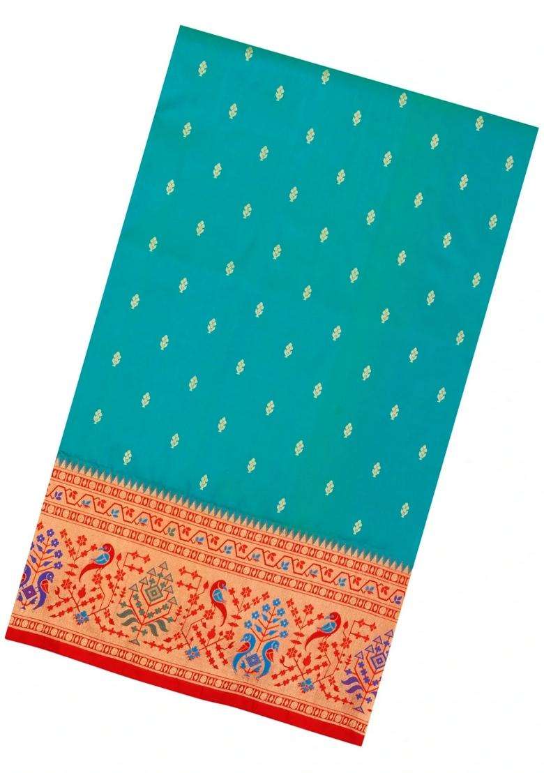 Aquamarine Handloom Paithani Silk Saree With Meena Border Pallu With Buttas And Brocade Design For Women - Indya