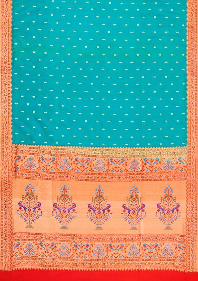 Aquamarine Handloom Paithani Silk Saree With Meena Border Pallu With Buttas And Brocade Design For Women - Indya