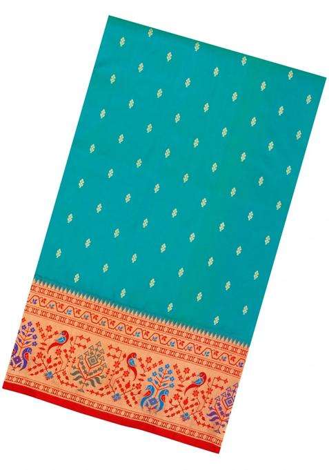Aquamarine Handloom Paithani Silk Saree With Meena Border Pallu With Buttas And Brocade Design For Women