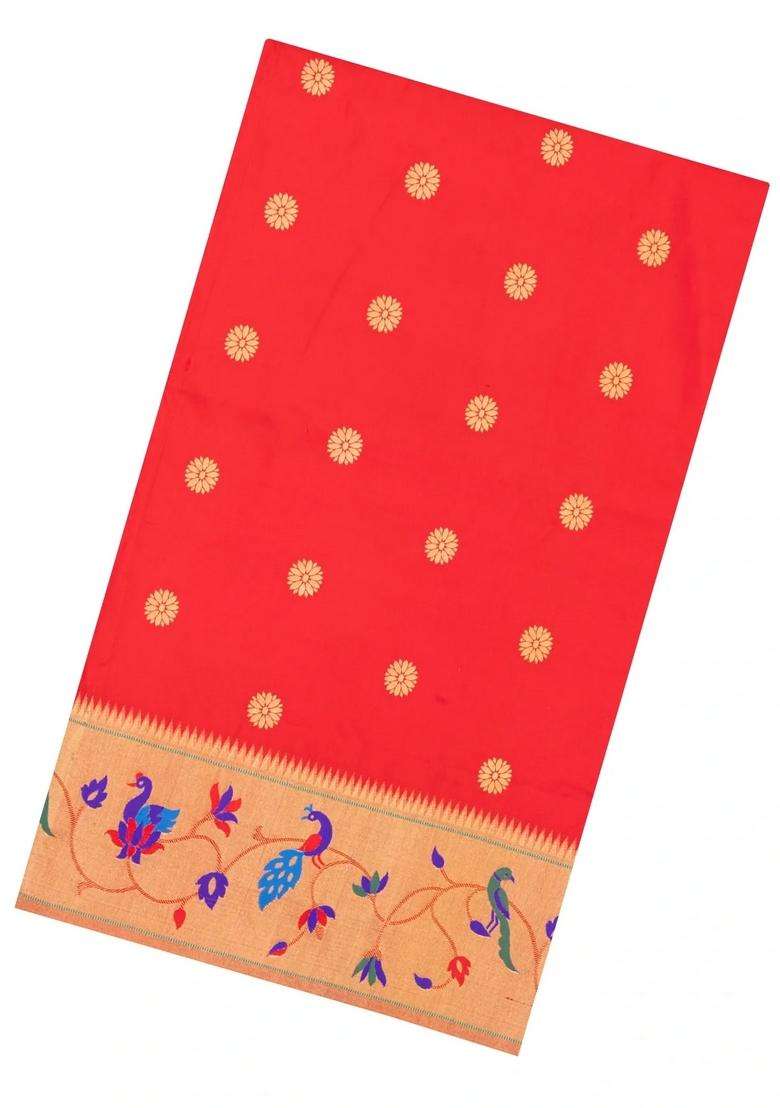 Red Handloom Paithani Silk Saree With Meena Border Pallu With Buttas And Brocade Design For Women - Indya
