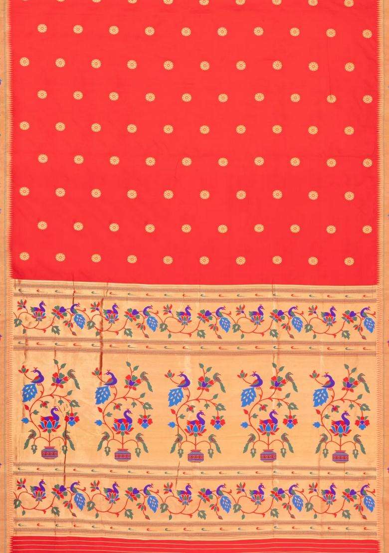 Red Handloom Paithani Silk Saree With Meena Border Pallu With Buttas And Brocade Design For Women - Indya