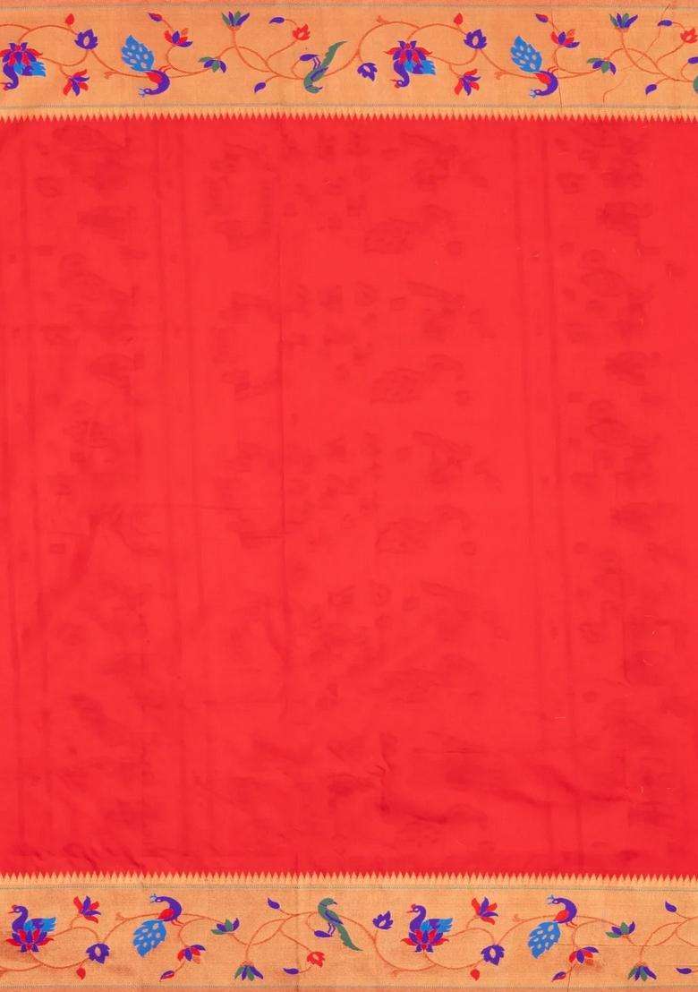 Red Handloom Paithani Silk Saree With Meena Border Pallu With Buttas And Brocade Design For Women - Indya