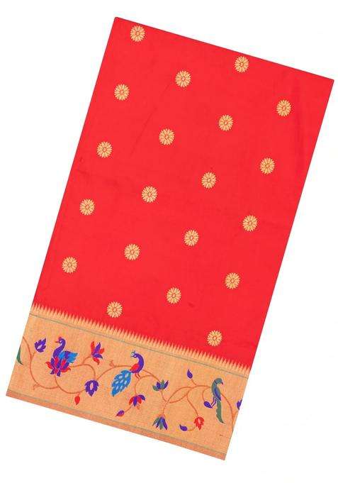 Red Handloom Paithani Silk Saree With Meena Border Pallu With Buttas And Brocade Design For Women