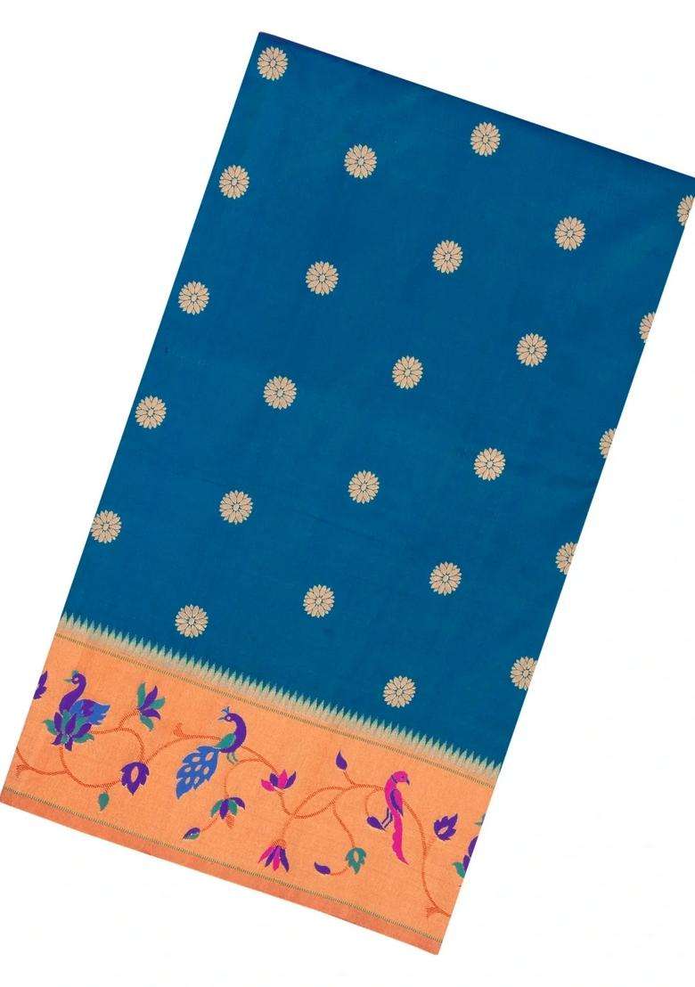 Blue Handloom Paithani Silk Saree With Meena Border Pallu With Buttas And Brocade Design For Women - Indya