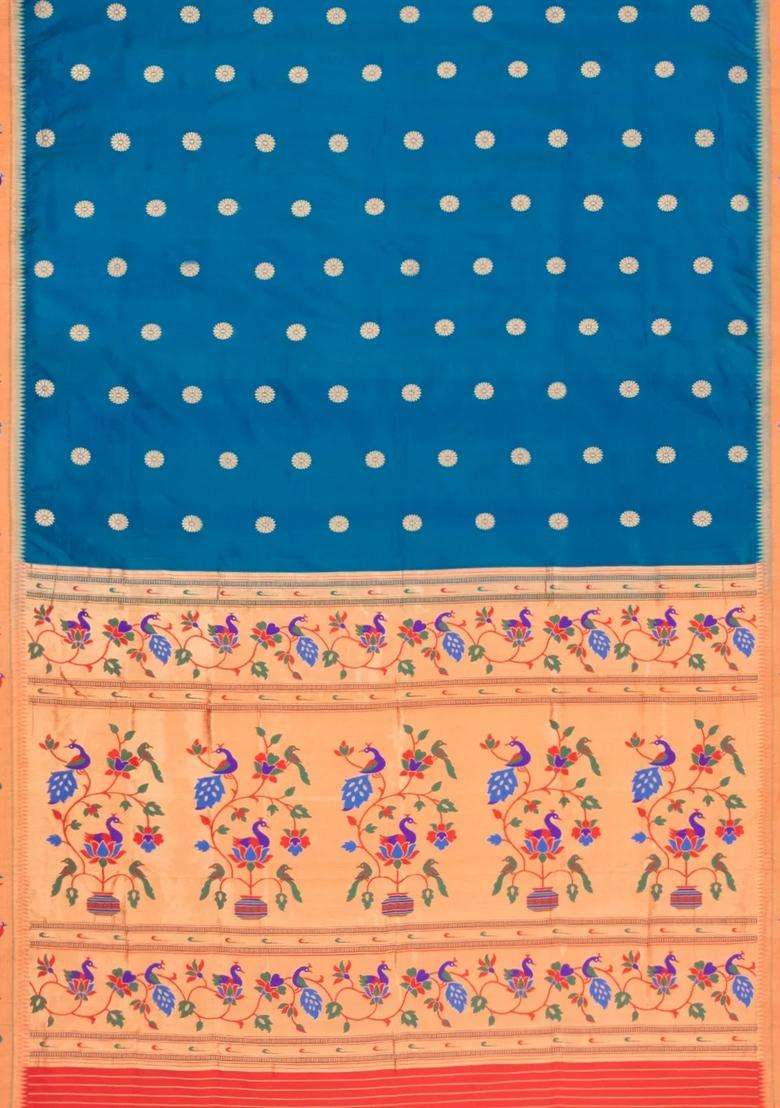 Blue Handloom Paithani Silk Saree With Meena Border Pallu With Buttas And Brocade Design For Women - Indya