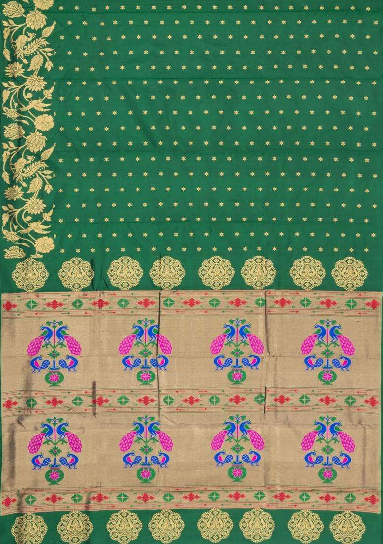 Green Handloom Paithani Silk Saree With Floral Zari Motifs Meena Pallu With Buttas And Brocade Design For Women - Indya