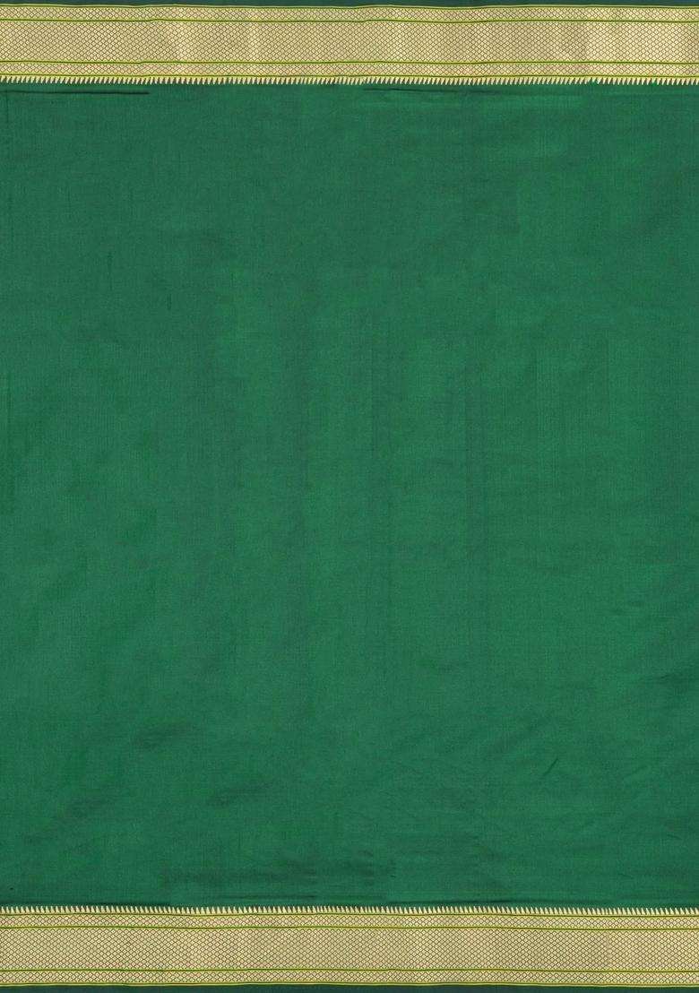 Green Handloom Paithani Silk Saree With Floral Zari Motifs Meena Pallu With Buttas And Brocade Design For Women - Indya