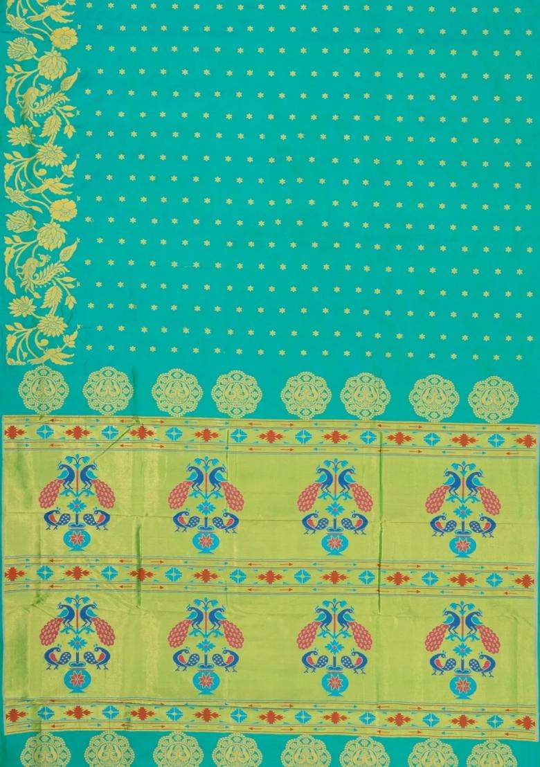 Aquamarine Handloom Paithani Silk Saree With Floral Zari Motifs Meena Pallu With Buttas And Brocade Design For Women - Indya