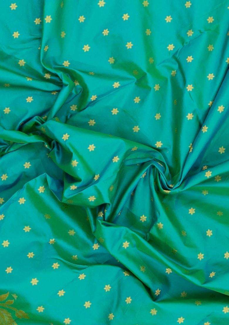 Aquamarine Handloom Paithani Silk Saree With Floral Zari Motifs Meena Pallu With Buttas And Brocade Design For Women - Indya