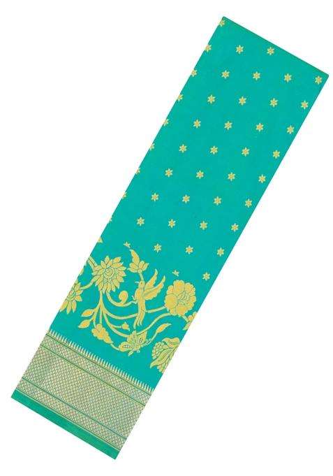 Aquamarine Handloom Paithani Silk Saree With Floral Zari Motifs Meena Pallu With Buttas And Brocade Design For Women