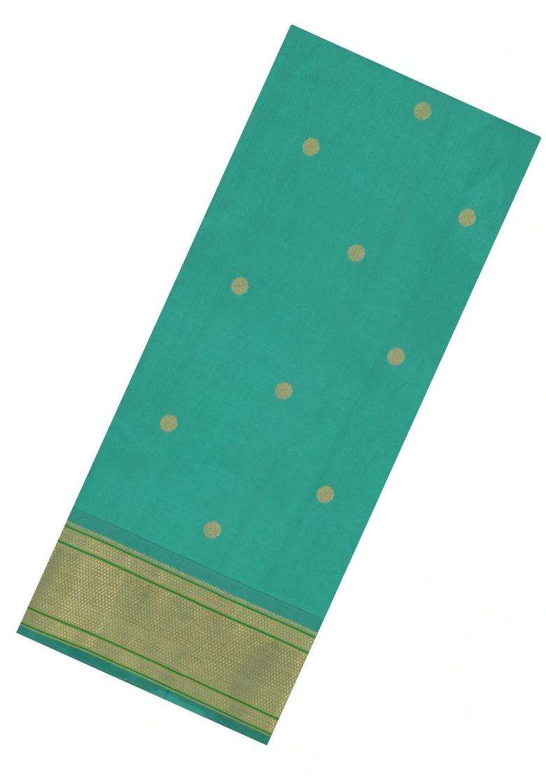 Aquamarine Handloom Paithani Silk Saree With Floral Zari Motifs Meena Pallu With Buttas And Brocade Design For Women - Indya