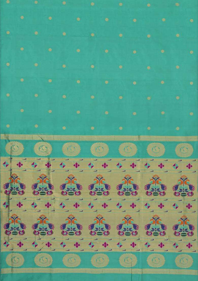 Aquamarine Handloom Paithani Silk Saree With Floral Zari Motifs Meena Pallu With Buttas And Brocade Design For Women - Indya