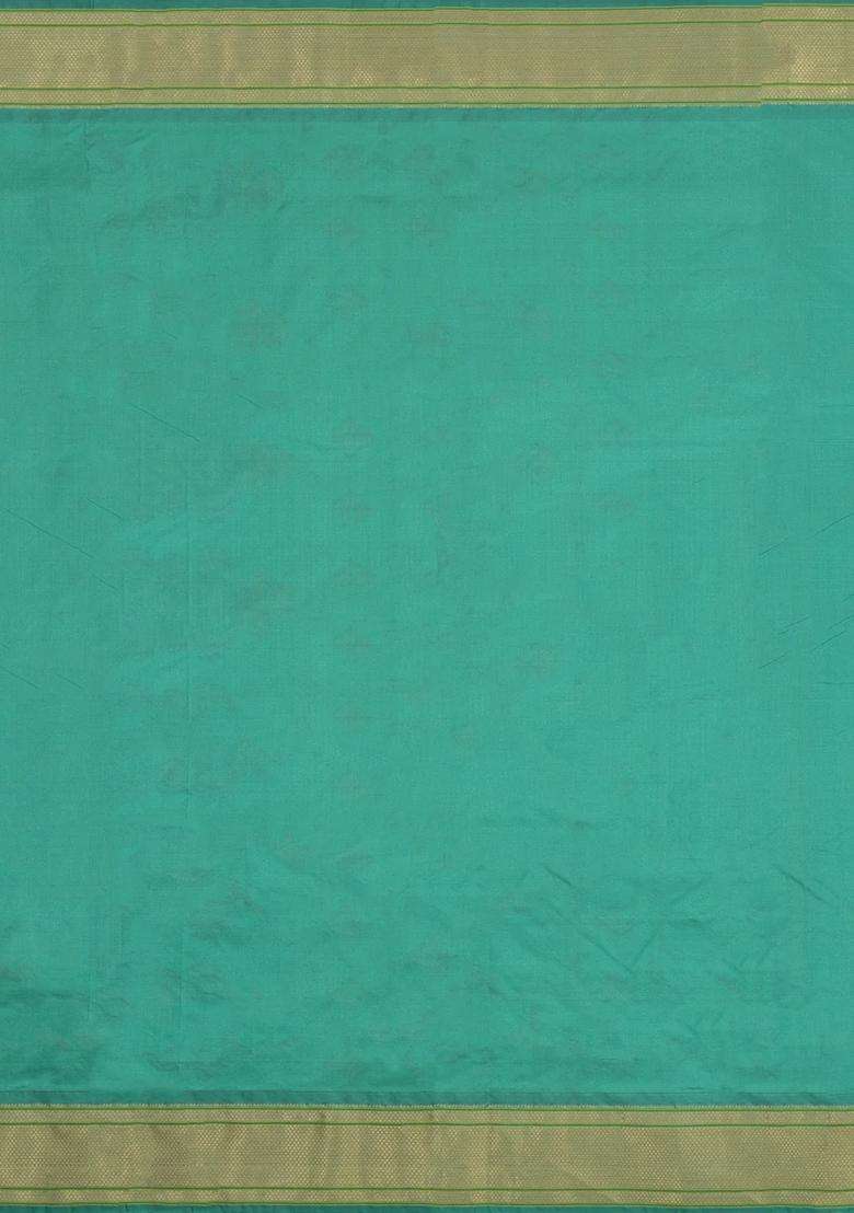 Aquamarine Handloom Paithani Silk Saree With Floral Zari Motifs Meena Pallu With Buttas And Brocade Design For Women - Indya