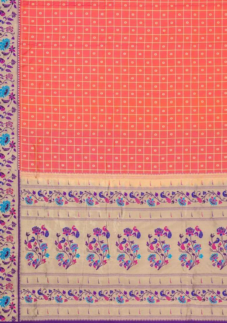 Peach Handloom Paithani Silk Saree With Zari Checks Contrast Border With Checks And Stripes Design For Women - Indya