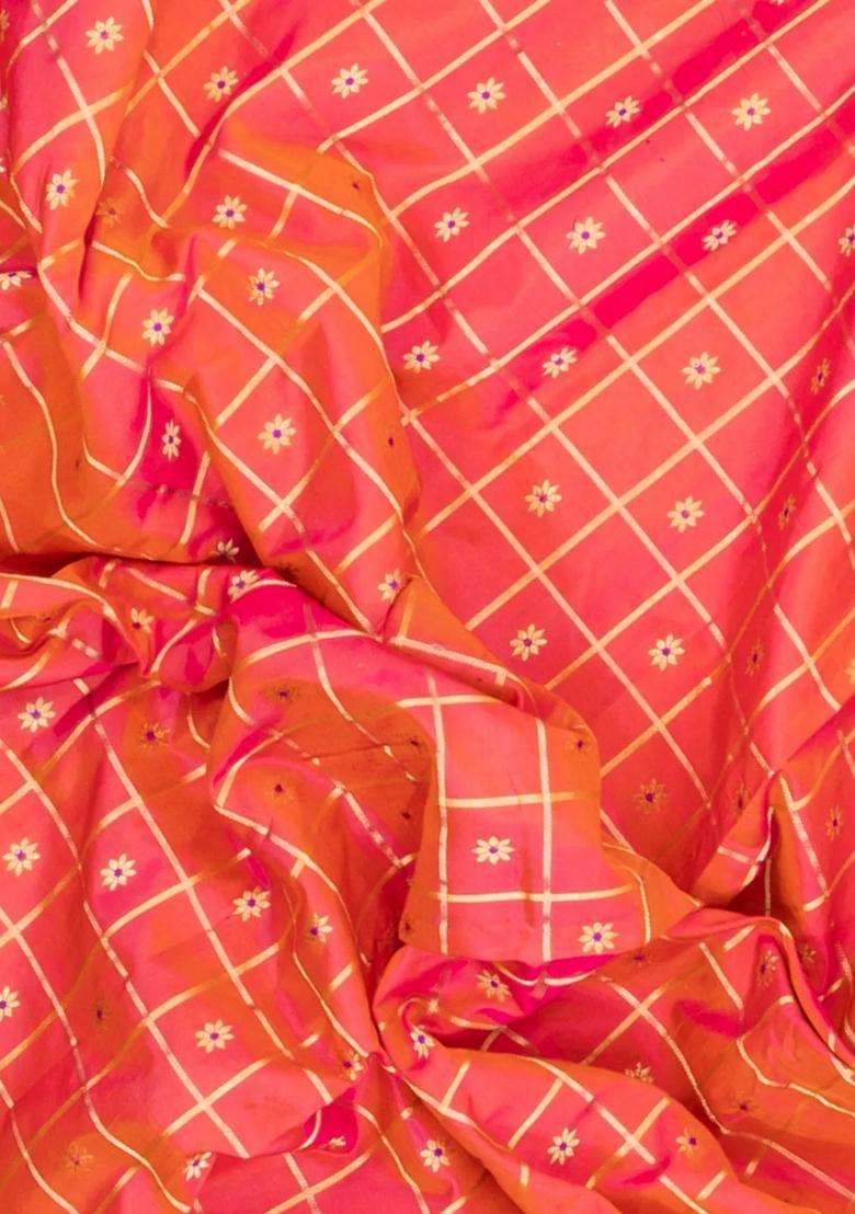 Peach Handloom Paithani Silk Saree With Zari Checks Contrast Border With Checks And Stripes Design For Women - Indya