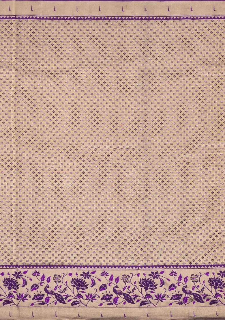 Peach Handloom Paithani Silk Saree With Zari Checks Contrast Border With Checks And Stripes Design For Women - Indya