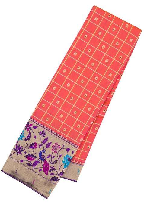 Peach Handloom Paithani Silk Saree With Zari Checks Contrast Border With Checks And Stripes Design For Women