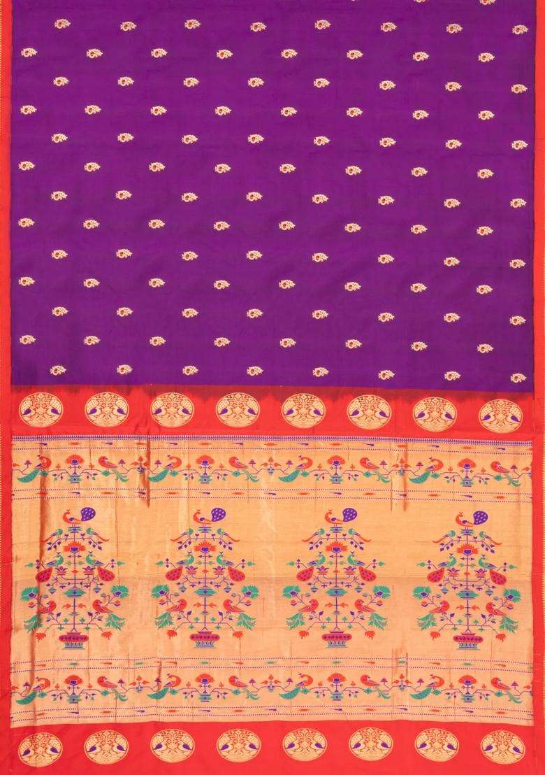 Purple Paithani Silk Saree With Meena Butta Contrast Pallu With Buttas And Brocade Design For Women - Indya
