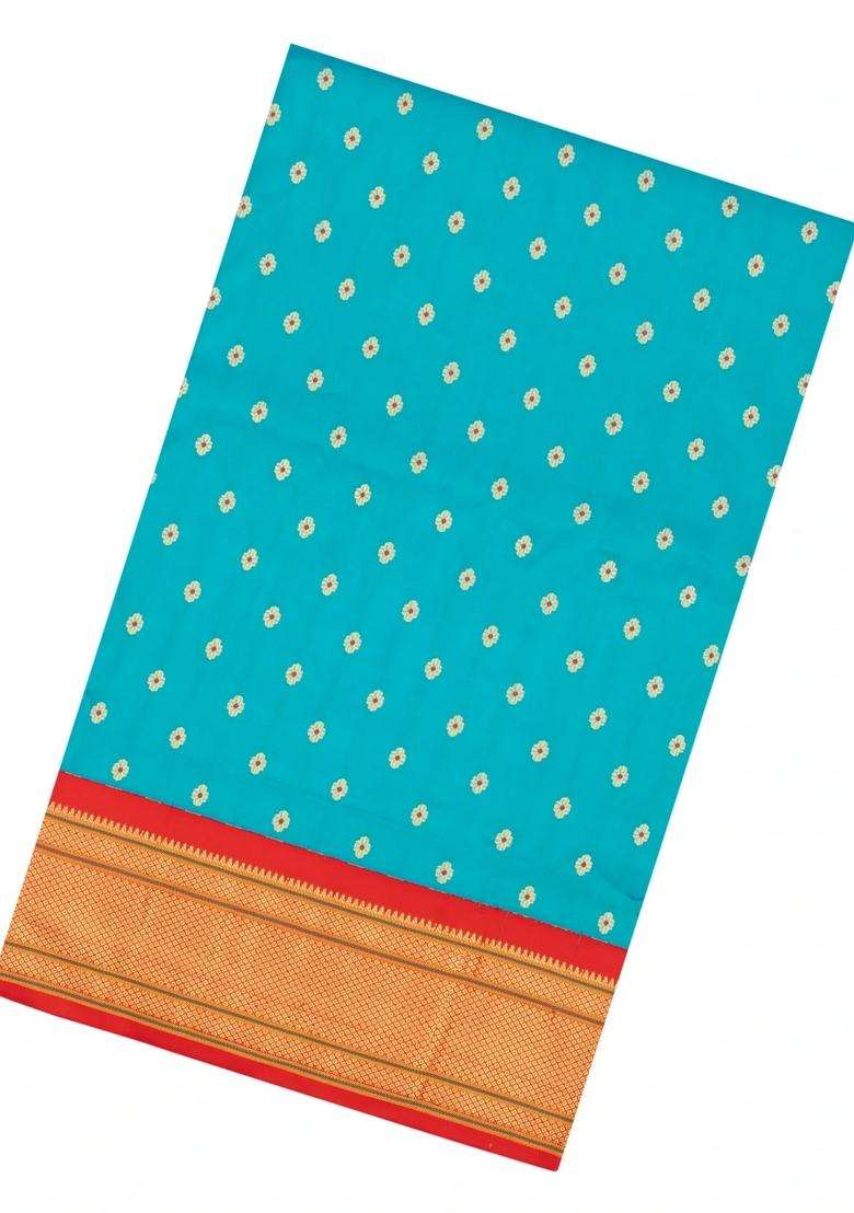 Turquoise Paithani Silk Saree With Meena Butta Contrast Pallu With Buttas And Brocade Design For Women - Indya