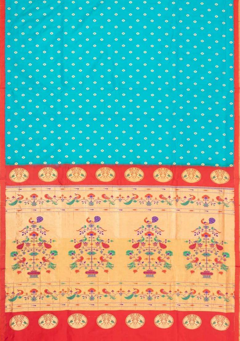 Turquoise Paithani Silk Saree With Meena Butta Contrast Pallu With Buttas And Brocade Design For Women - Indya