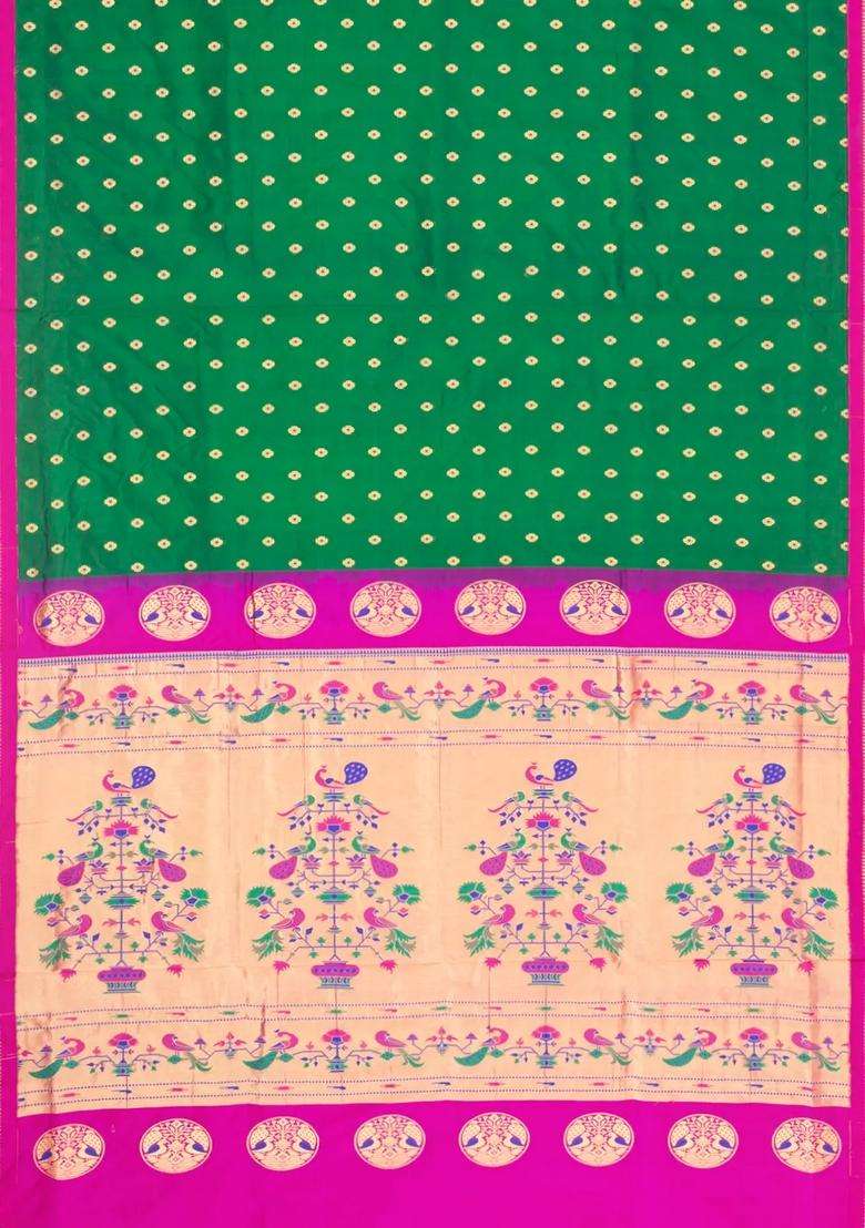 Green Paithani Silk Saree With Meena Butta Contrast Pallu With Buttas And Brocade Design For Women - Indya