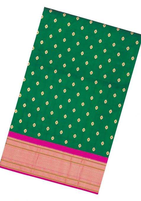Green Paithani Silk Saree With Meena Butta Contrast Pallu With Buttas And Brocade Design For Women