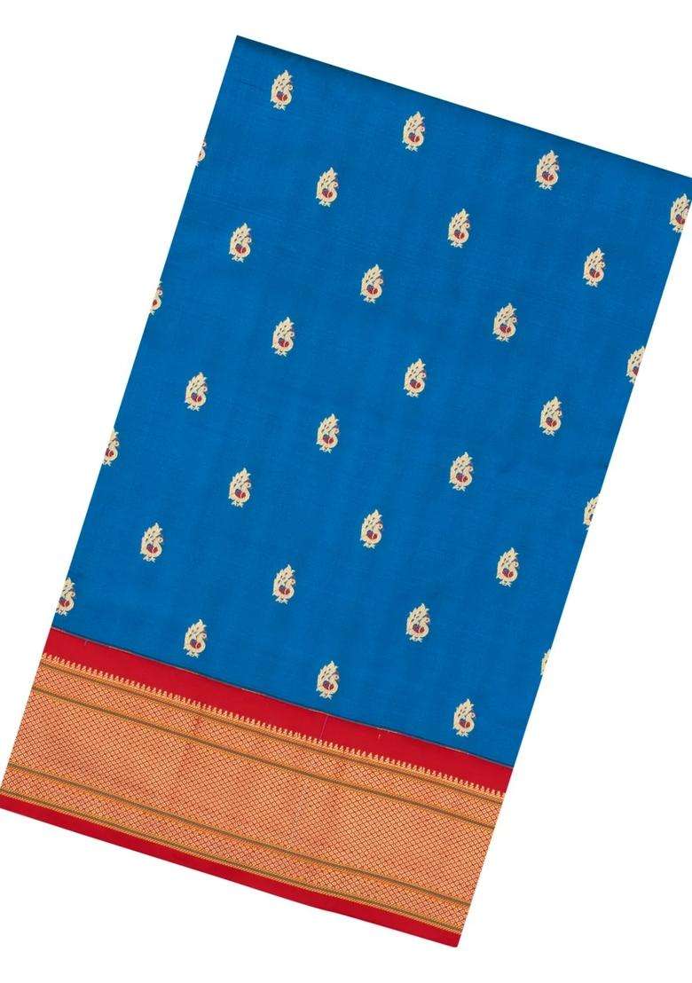Blue Paithani Silk Saree With Meena Butta Contrast Pallu With Buttas And Brocade Design For Women - Indya