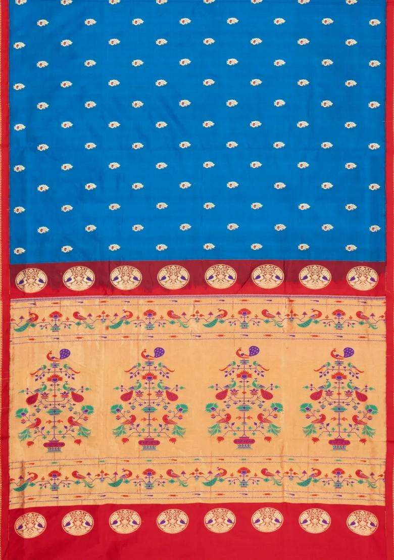 Blue Paithani Silk Saree With Meena Butta Contrast Pallu With Buttas And Brocade Design For Women - Indya