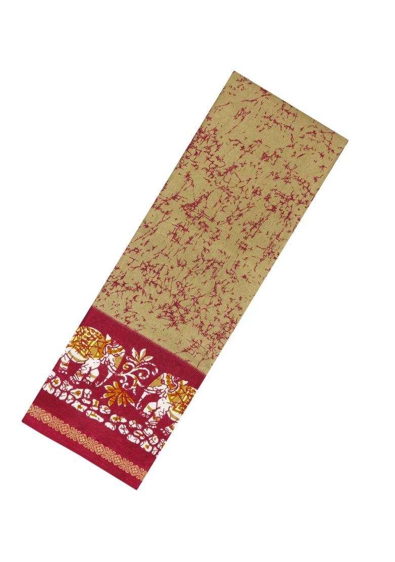 Beige Printed Synthetic Dupion Art Silk Saree With Contrast Border For Women - Indya