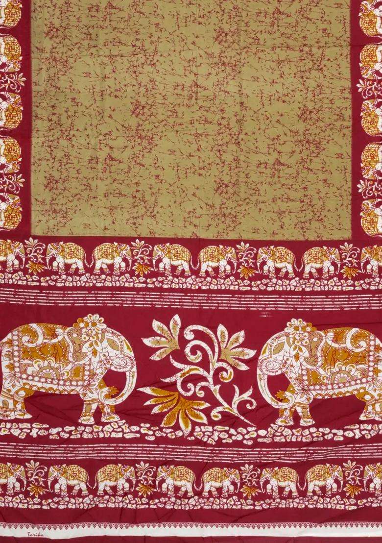 Beige Printed Synthetic Dupion Art Silk Saree With Contrast Border For Women - Indya