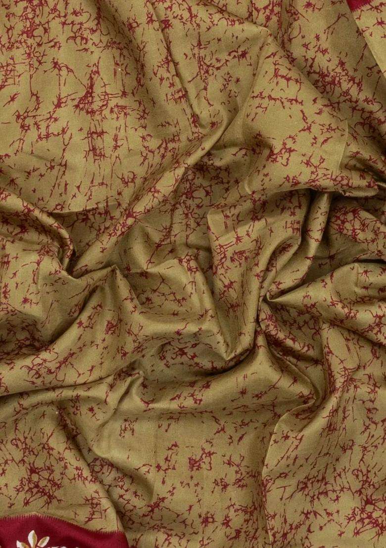 Beige Printed Synthetic Dupion Art Silk Saree With Contrast Border For Women - Indya