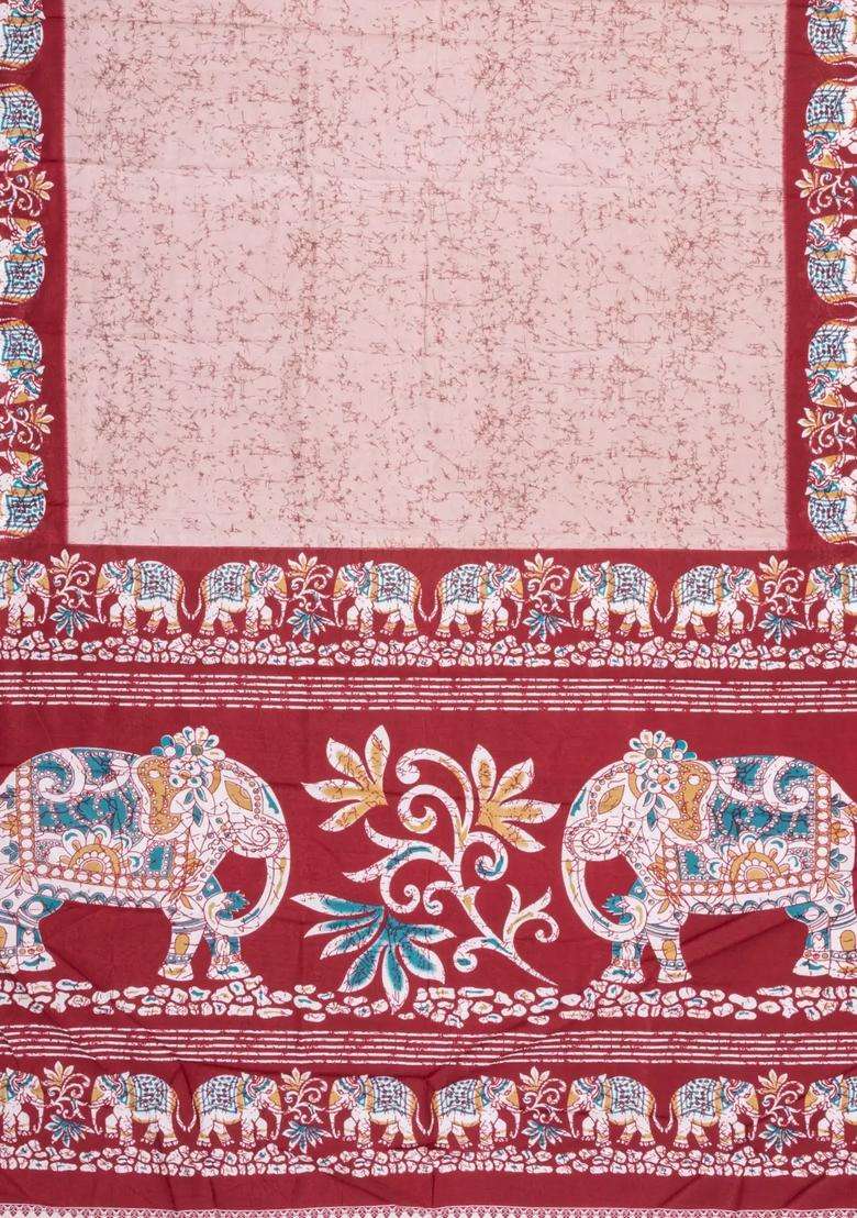 Baby Pink Printed Synthetic Dupion Art Silk Saree With Contrast Border For Women - Indya