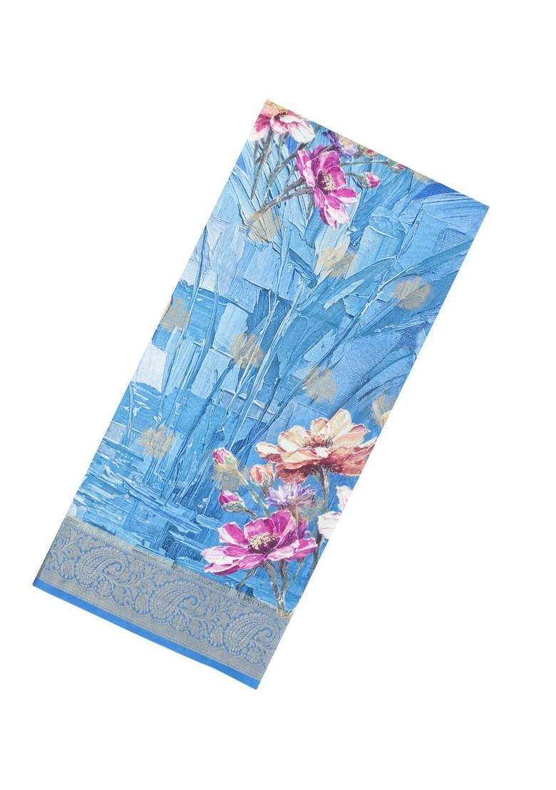 Light Blue Printed Synthetic Dola Silk Saree With Zari Butta Border For Women - Indya