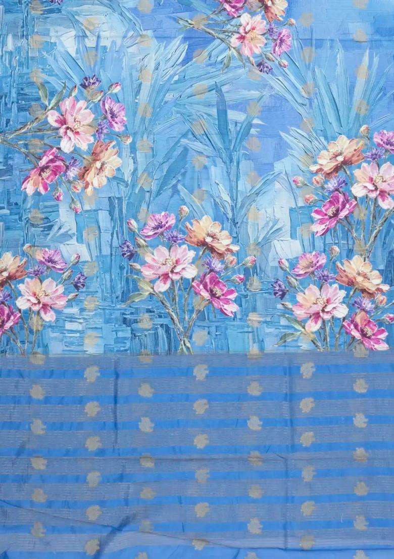 Light Blue Printed Synthetic Dola Silk Saree With Zari Butta Border For Women - Indya