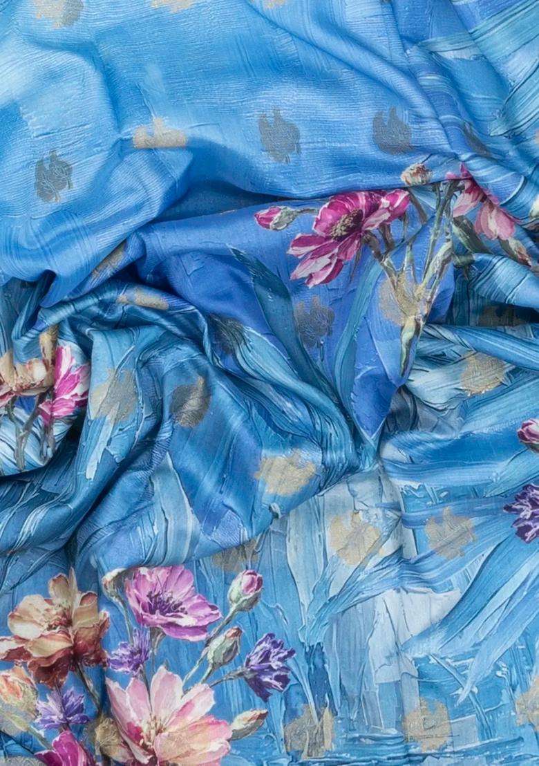 Light Blue Printed Synthetic Dola Silk Saree With Zari Butta Border For Women - Indya