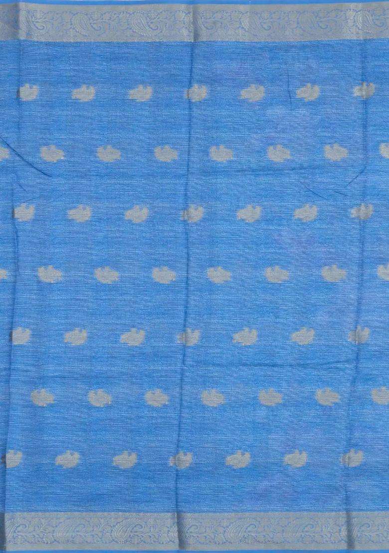 Light Blue Printed Synthetic Dola Silk Saree With Zari Butta Border For Women - Indya