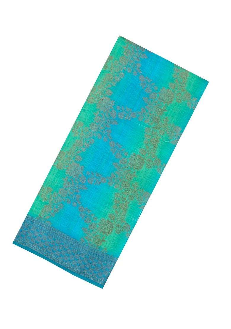 Cyan Aquamarine Printed Synthetics Tussar Saree With Zari Motifs For Women - Indya
