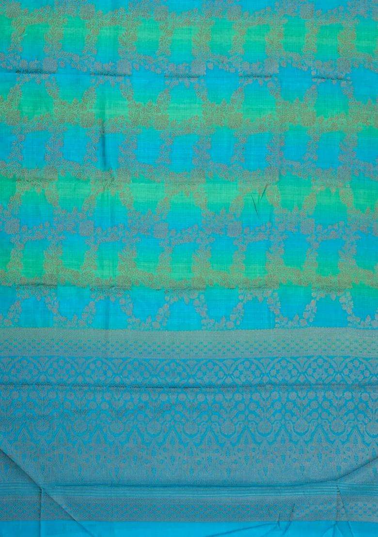 Cyan Aquamarine Printed Synthetics Tussar Saree With Zari Motifs For Women - Indya