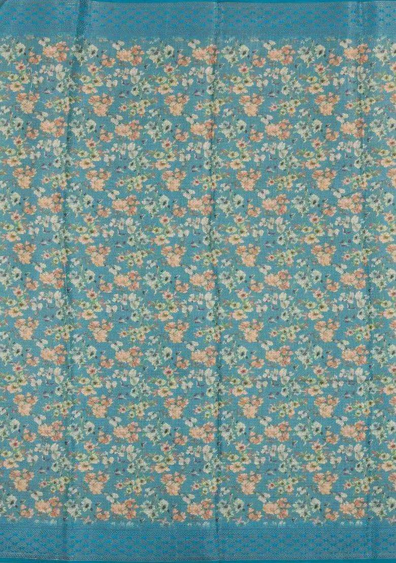 Cyan Aquamarine Printed Synthetics Tussar Saree With Zari Motifs For Women - Indya