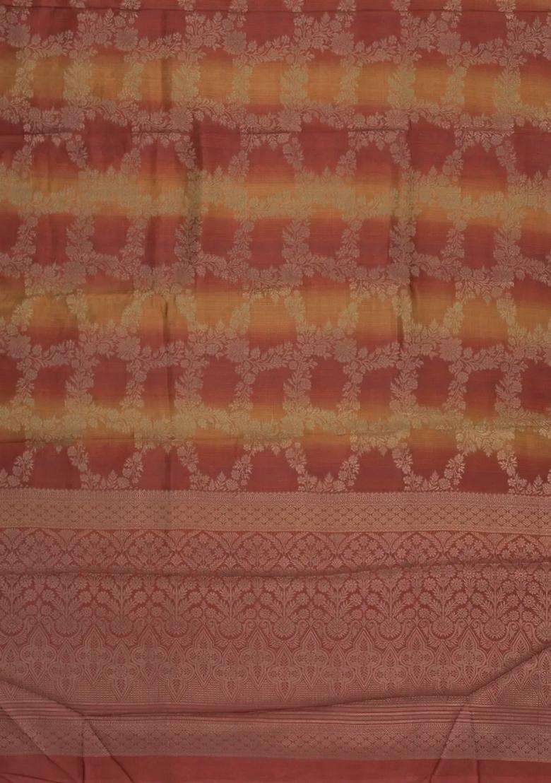 Rust Mustard Printed Synthetics Tussar Saree With Zari Motifs For Women - Indya