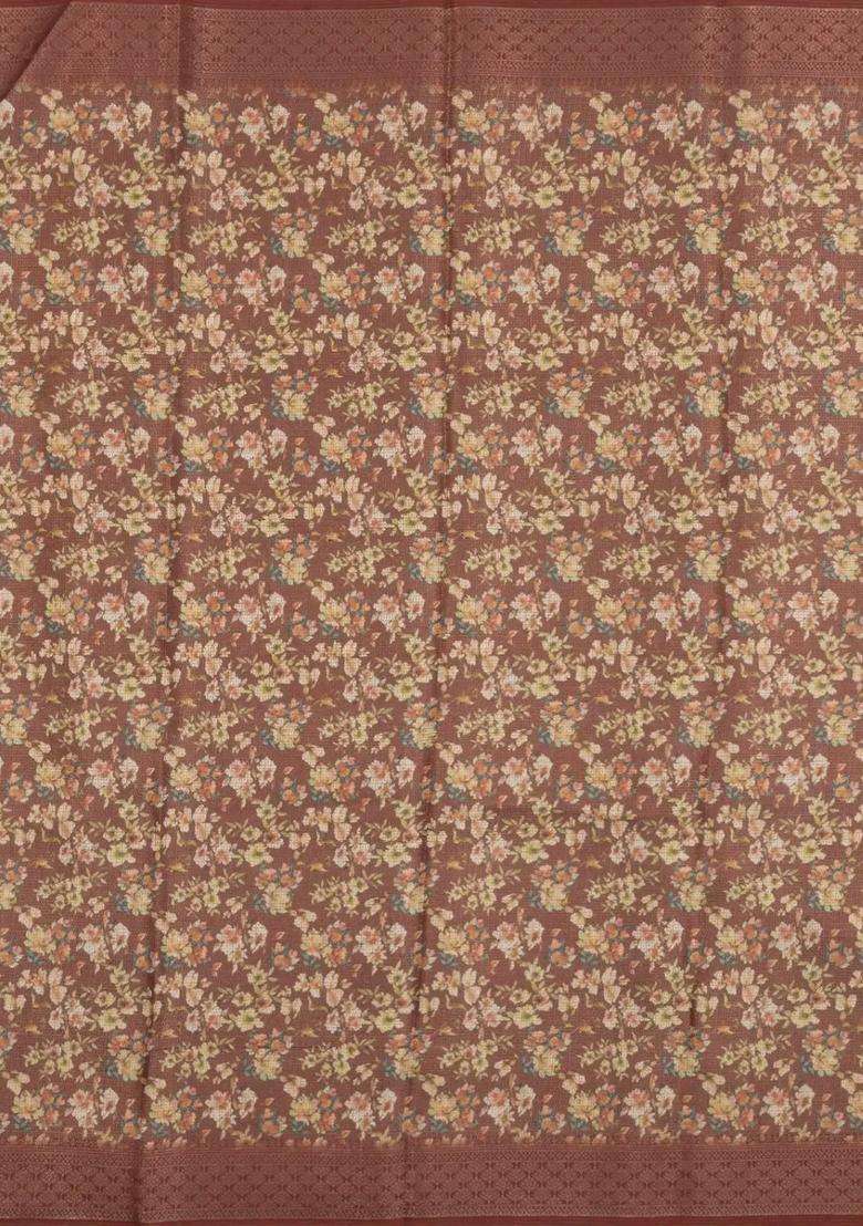 Rust Mustard Printed Synthetics Tussar Saree With Zari Motifs For Women - Indya