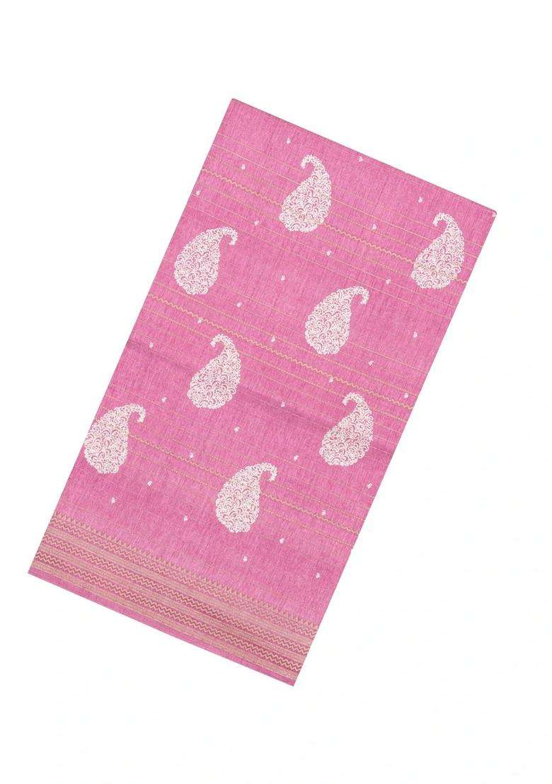 Baby Pink Printed Synthetic Dola Silk Saree With Zari Stripes Border For Women - Indya