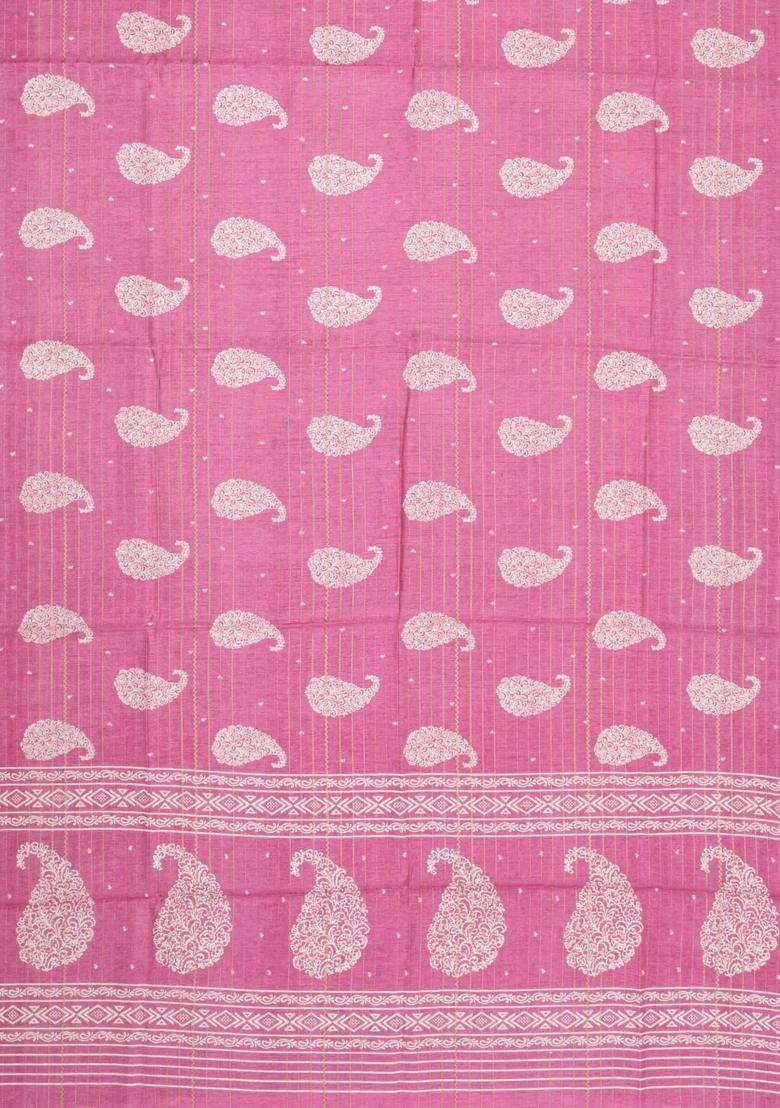 Baby Pink Printed Synthetic Dola Silk Saree With Zari Stripes Border For Women - Indya