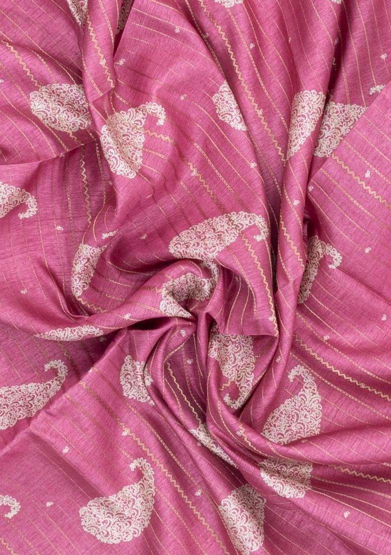 Baby Pink Printed Synthetic Dola Silk Saree With Zari Stripes Border For Women - Indya