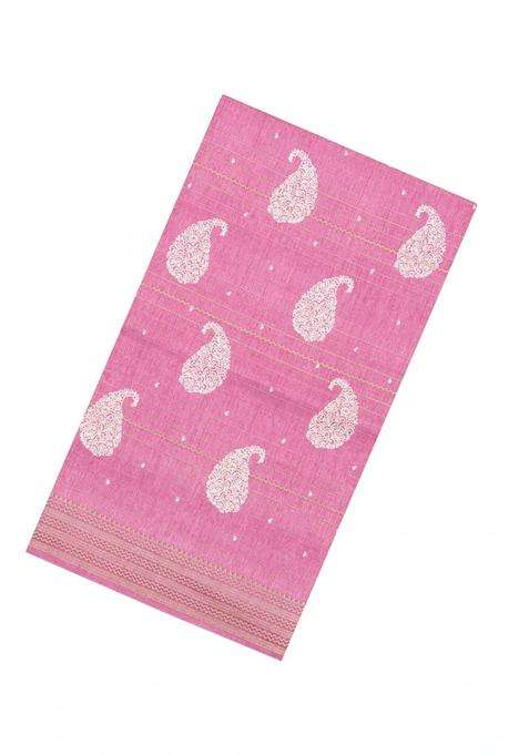 Baby Pink Printed Synthetic Dola Silk Saree With Zari Stripes Border For Women