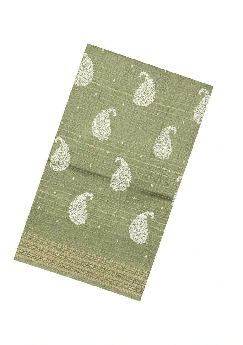 Cardamom Green Printed Synthetic Dola Silk Saree With Zari Stripes Border For Women - Indya