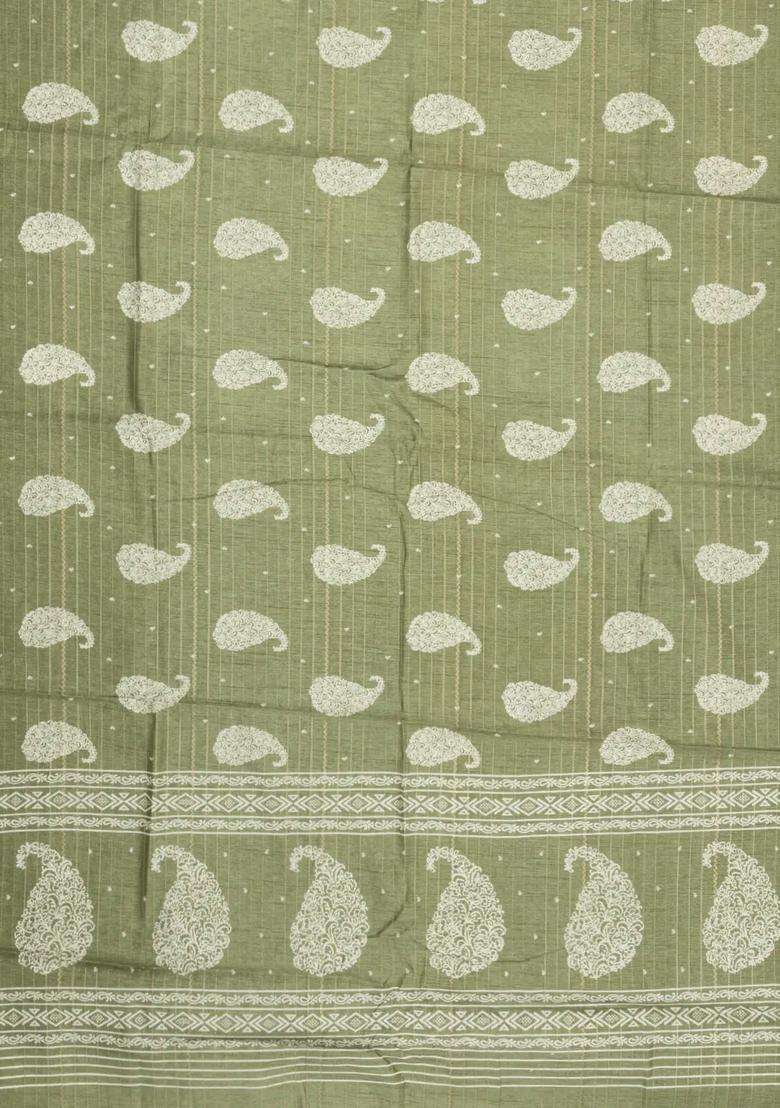 Cardamom Green Printed Synthetic Dola Silk Saree With Zari Stripes Border For Women - Indya